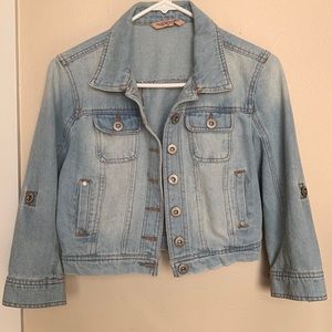 Washed Denim Jean Jacket Cropped 3/4 Length Sleeves
